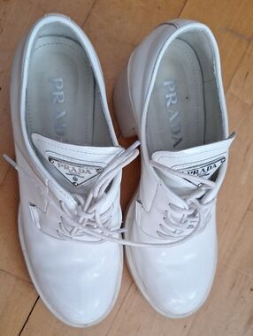 Prada White Patent Leather Lace-Up Platform Ankle Boots